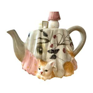 Hand-Painted WCL Ceramic Teapot With Floral & Cat Design